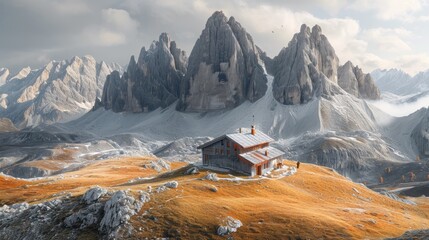 Poster -  a house in the middle of a mountain range with a mountain range in the background with snow on the ground and a few mountains in the foreground with a few clouds in the sky.