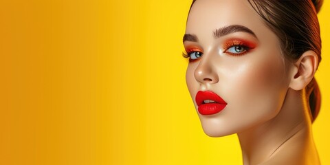 fashion model girl portrait. beauty woman with bright color makeup. close-up of lady face. yellow ba