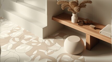 Sticker -  a wooden bench with a vase of flowers sitting on top of it next to a towel and a towel dispenser on top of a white tiled floor.