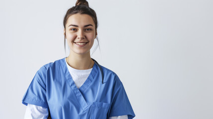 Wall Mural - young woman with a pleasant smile, wearing a blue scrub top and a white undershirt, posing with her arms crossed against a white background