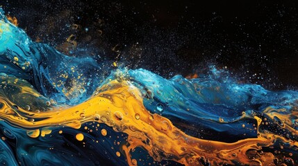 Wall Mural -  an abstract painting of blue, yellow, and black water with a splash of water on the bottom of the image and a splash of water on the top of the bottom of the image.