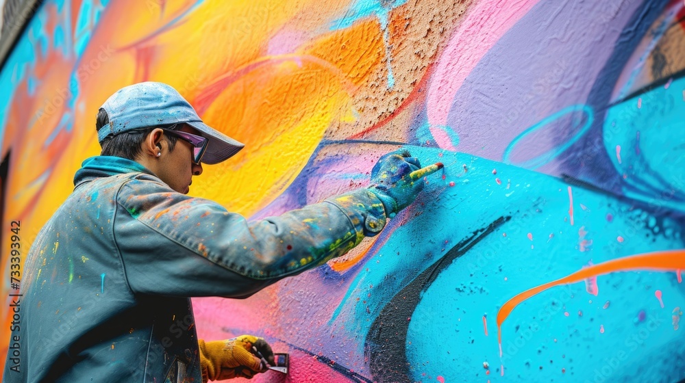 An artist painting a mural on an urban wall, colorful street art ...
