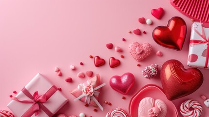 Canvas Print -  a pink table topped with lots of heart shaped candies and lollipops next to a box of heart shaped lollipops and a heart shaped lollipops.