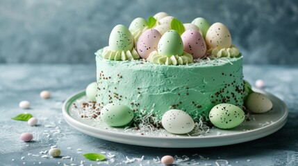 Poster -  a green cake with chocolate speckles and eggs on top of it, on a plate with sprinkles, on a blue background with white speckles.