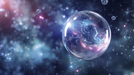 Wall Mural -  a close up of a glass ball in the air with bubbles around it and a star field in the background in the middle of the image is a blurry space filled with stars.