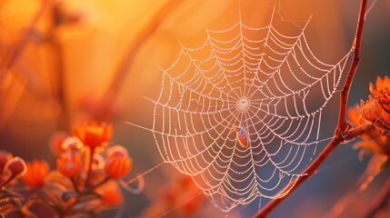 Wall Mural -  a close up of a spider's web on a branch with flowers in the foreground and a blurry background of orange flowers in the backgroud.