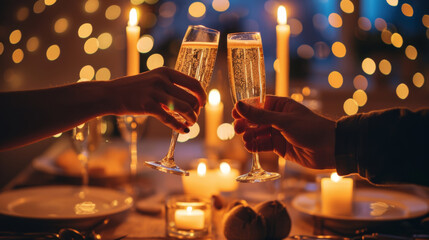 Wall Mural - hands clinking champagne glasses in a celebratory toast, with a backdrop of golden bokeh and candlelight on a dining table.