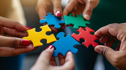 Wall Mural - several hands of diverse people coming together to connect pieces of a multicolored jigsaw puzzle, symbolizing teamwork and collaboration.