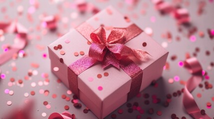 Wall Mural -  a pink gift box with a pink bow on it surrounded by pink confetti and streamers of pink and pink confetti on a light pink background.