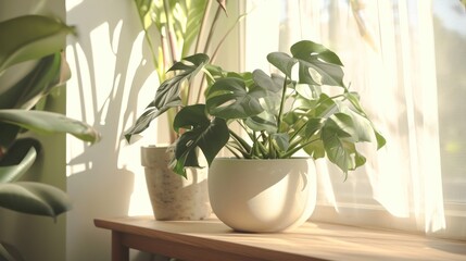 Wall Mural -  two potted plants sit on a window sill next to a window sill with a white curtain and a potted plant on a wooden table next to a window.