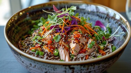 Wall Mural -  a close up of a bowl of food with broccoli, carrots, noodles, and sprouts on a table with a glass of water in the background.