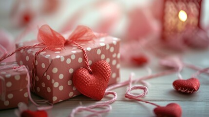 Sticker -  a close up of a gift box with a heart on it and a candle in the background with hearts on the floor and a string of hearts on the floor.