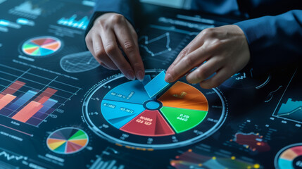 Poster - pair of hands are adjusting a large, tactile pie chart on a digital interface with various types of graphs and data visualizations in the background.