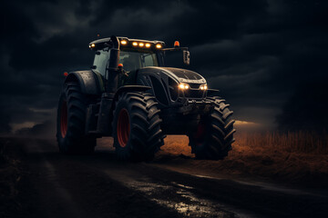 Wall Mural - Agricultural tractor with headlights at night