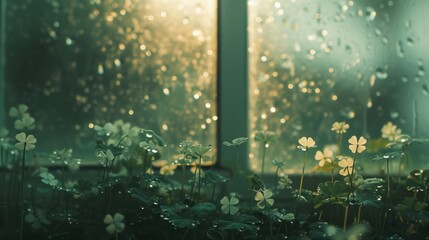 Wall Mural -  a window with rain drops on the glass and a bunch of flowers in the foreground and a window with rain drops on the glass and a bunch of flowers in the foreground.