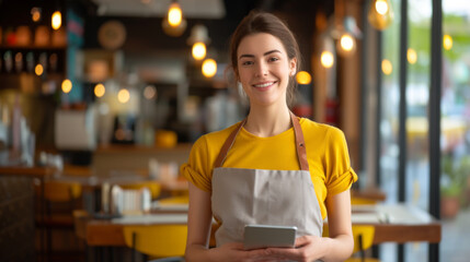 Sticker - smiling waitress in a yellow shirt and grey apron holding a digital tablet, standing in a modern cafe with yellow chairs and tables in the background.