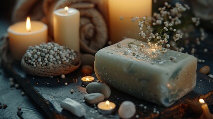 Poster -  a soap bar sitting on top of a wooden cutting board next to candles and a bunch of baby's breath on top of a table next to a towel.