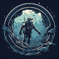 Wall Mural - Astronaut's Underwater Adventure Surrounded by Fish and Seaweed