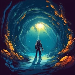 Wall Mural - Astronaut at the Depths - Underwater Exploration in a Mystical Ocean Cave