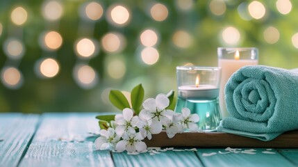 Sticker -  a towel, a candle, and a glass of water are on a wooden table with a green boke of boket lights in the background of boke.