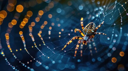Wall Mural -  a close up of a spider on it's web with a lot of light on it's back and a blurry background of blurry lights in the background.