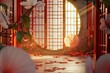 Asian house or far east house by the lake artistic paintings cinematic