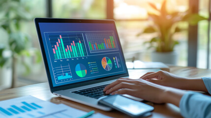 Poster - person working on a laptop which displays various colorful charts and graphs indicating some data analytics or business performance metrics.