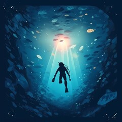 Wall Mural - Underwater Adventure: Solitary Scuba Diver Silhouetted Against Sunlight