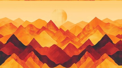 Poster -  a painting of a mountain range with a sun in the distance and mountains in the foreground, with a yellow sky in the background, and a red and yellow background.