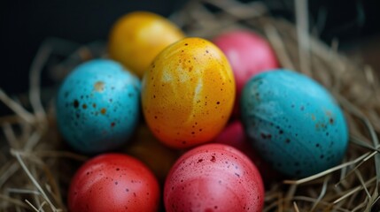 Wall Mural -  a close up of a nest of eggs with speckled eggs in the middle of the nest, with straw on the bottom of the nest and a black background.