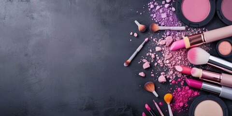 Wall Mural - Make-up products and accessories on black background.