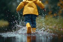 Child In Rubber Boots And Yellow Raincoat Jumping In Puddle, Boy Having Fun In Rainy Day