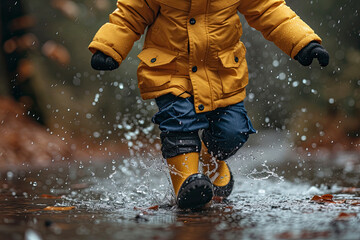 Child in rubber boots and yellow raincoat jumping in puddle, Boy having fun in rainy day