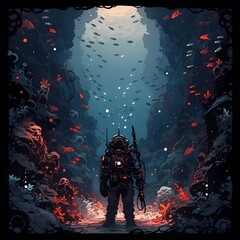 Wall Mural - Underwater Explorer in a Diving Suit Surrounded by Sea Life