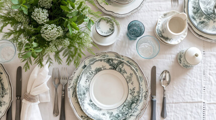 Poster -  a table is set with plates, silverware, and a vase with flowers on top of it and a bouquet of greenery in the middle of the table.