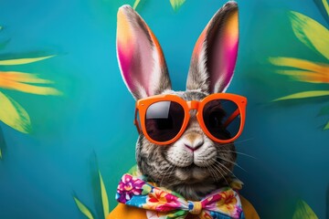 Wall Mural - Cool Easter bunny with sunglasses in front of a colorful background.