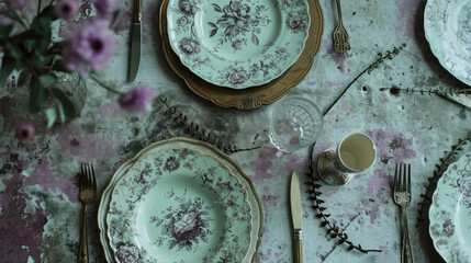 Wall Mural -  a table topped with plates and silverware on top of a table covered in purple and white floraled napkins and a vase filled with purple and white flowers.