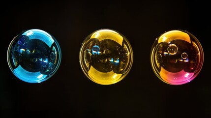 Wall Mural -  a group of three glass balls sitting next to each other on a black background with a reflection of the glass on the bottom of the ball and bottom of the glass.