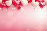 Fototapeta Tulipany - Border of Pink and White Heart Balloons on Pink Background. Valentines Day concept. Copy space