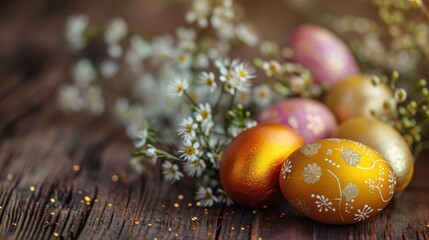 Poster -  a group of painted eggs sitting on top of a wooden table next to a bunch of white daisies and baby's breath flowers on top of a wooden table.