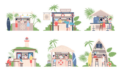 Naklejka na meble Beach bars. People rest in tropical cafe or bar. Seaside restaurants with barmen, summertime travel and vacation. Adults drinks, recent vector scenes