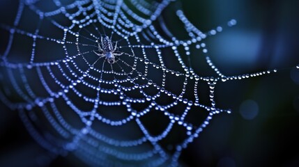 Wall Mural -  a close up of a spider web with drops of water on the spider's web, with a blurry background of blurry lights in the foreground.
