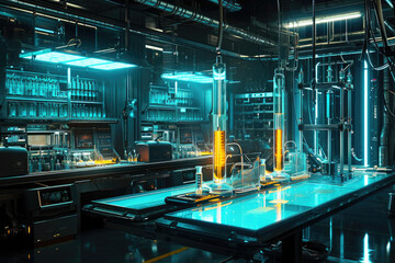 Wall Mural - futuristic laboratory with glowing test tubes and cutting-edge equipment