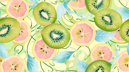 Poster -  a bunch of kiwi cut in half on a green and yellow background with leaves and leaves around it, with a green center surrounded by smaller kiwis of kiwis.