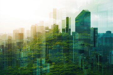 Poster - double exposure image of a green roof and a city skyline.