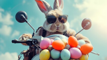 Wall Mural - Cool Easter bunny with sunglasses and Easter eggs in his backpack on a motorbike.