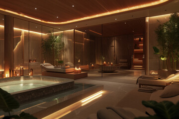 Canvas Print - spa with a relaxing atmosphere and soft lighting. There are massage tables and a sauna.