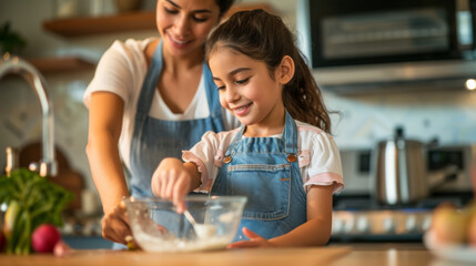 Poster - woman and a young girl are smiling and baking together in a home kitchen.