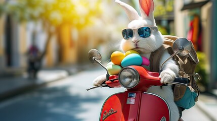 Wall Mural - Cool Easter bunny with sunglasses and Easter eggs in his backpack on a motorbike.