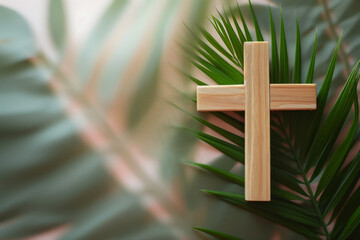 Wall Mural - Palm Sunday background Wooden cross and palm leaves lying on neutral background with copy space for text. Christianity, faith, religious, Holy Week concept